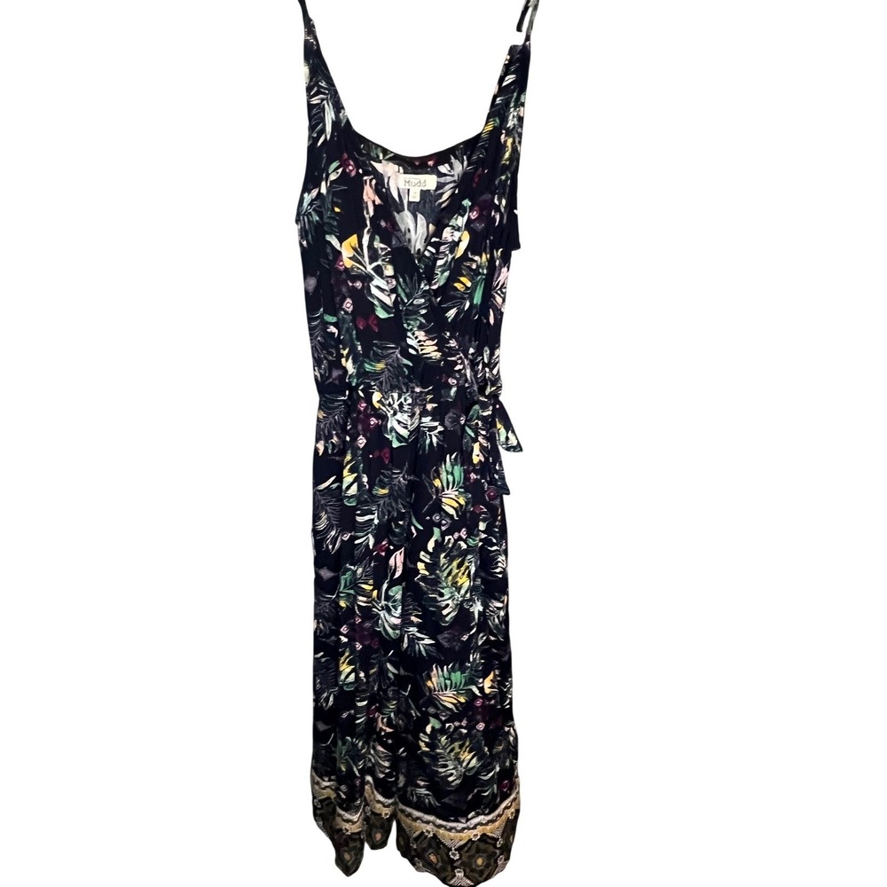 Mudd Womens Black Tropical Print Sleeveless Wrap Jumpsuit Wide Leg Size M